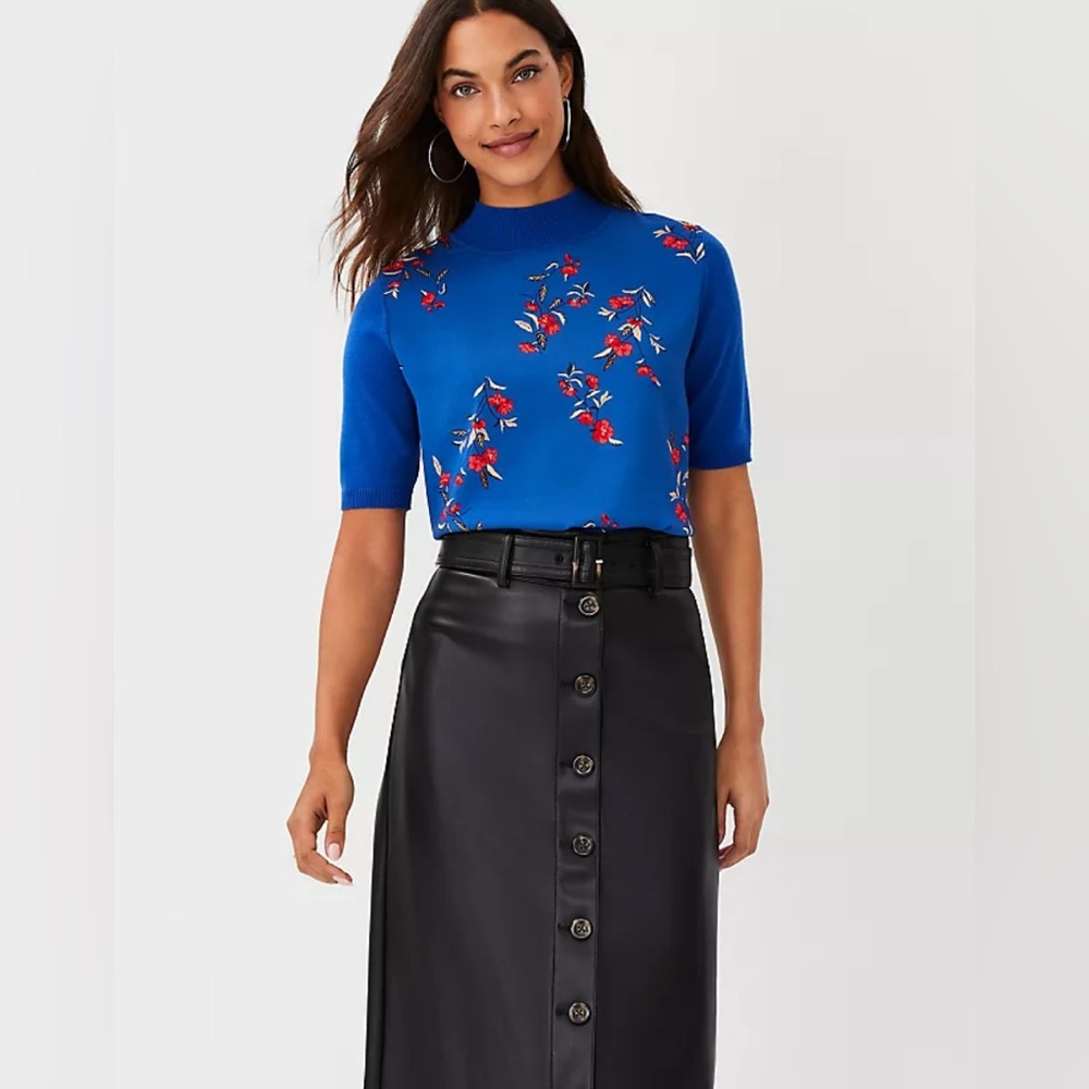 Ann Taylor Floral Mock Neck Sweater Tee